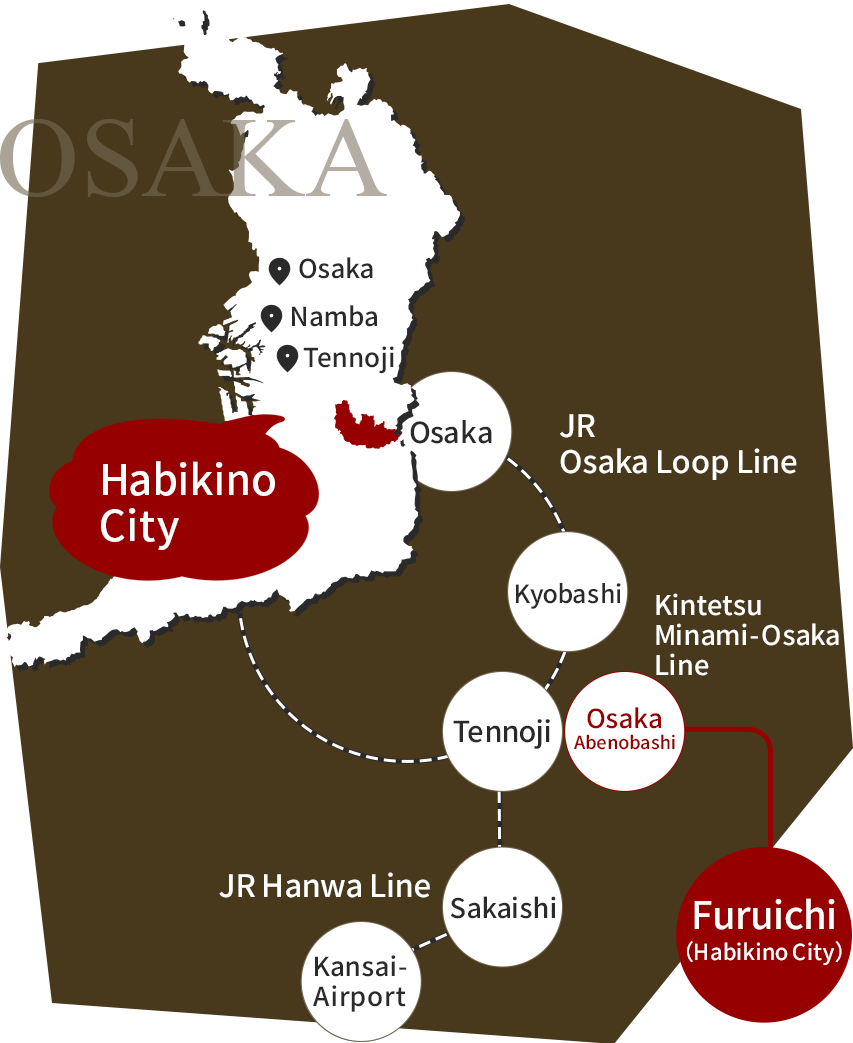 Image：Habikino City is located southeast of the Osaka metropolitan area (Osaka, Namba, Tennoji).